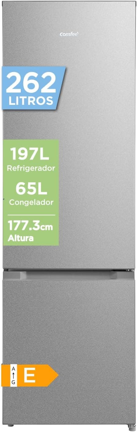 Comfee' 262L Refrigerador Combinado, Low Frost, Acero Inoxidable | Gran Capacidad (197L + 65L), Altura 177,3 cm, Bajo Ruido 39 dB, Iluminación LED, Temperatura Ajustable