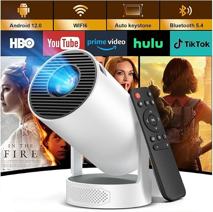 Proyector Portátil, Mini Proyector 4k 1080P Full HD Soporte 200 ANSI | con WiFi 6 Bluetooth 5.4 Android 12.0, Altavoz Integrados 5W Auto Keystone Portable 270° Rotation para Cine en Casa Exterior