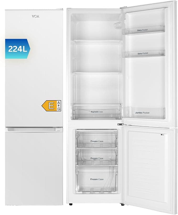VOK Frigorífico Combi EVR-224DEW 224L, 170 cm Alto x 54.5 cm Ancho, Puerta Reversible, Bajo Nivel Sonoro 39 dB, Clase E, Cajón Verdulero, Blanco