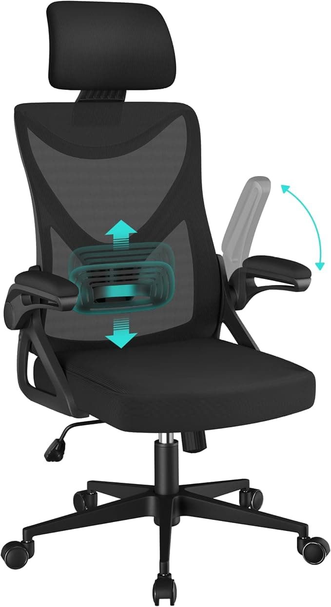 Yaheetech Silla de Oficina Ergonomica con Soporte Lumbar Escritorio Negro | Reposabrazo Reposacabeza Ajustable, Base Giratoria de 70 cm, Malla Transpirable, Capacidad Max 150KG