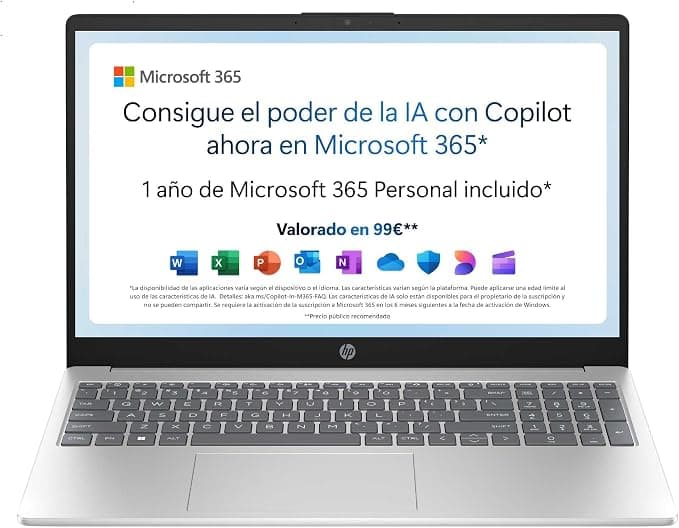 HP 15-fd0261ns - Ordenador portátil de 15.6" FHD (Intel N100, 4GB RAM, 128GB UFS, Intel UHD, Windows 11) Plata - Teclado QWERTY Español - Incluye Microsoft 365 Personal 12 Meses