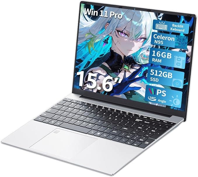 Ordenador Portátil 15,6 Pulgadas, Portátil 16GB DDR4 512GB SSD, Win 11 PC Portatil Celeron N95 CPU, Teclado Retroiluminado, Desbloqueo Huellas Dactilares, IPS Pantalla Laptop, USB3.0+BT4.2+Webcam