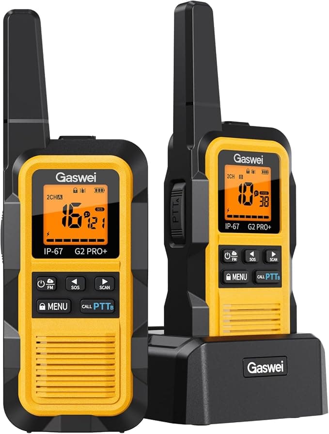 Gaswei G2Pro Waterproof Walkie Talkie PMR446 sin Licencia Largo Alcance | Profesionale IP67 Impermeable y Flotante, Doble PTT,Radio FM,VOX,Alarma SOS,USB Recargable(Pack de 2, Amarillo)