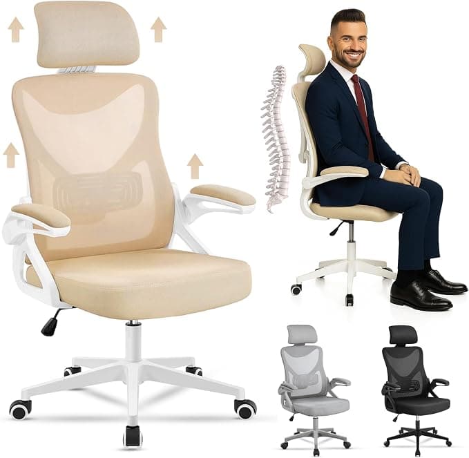 EveryKip® Silla Escritorio Ergonomica Ajustable con Reposabrazos Beige| Ruedas Anti-Arañazos | Sillas Uso Domestico con Reposacabezas | Ergonómica (Beige)