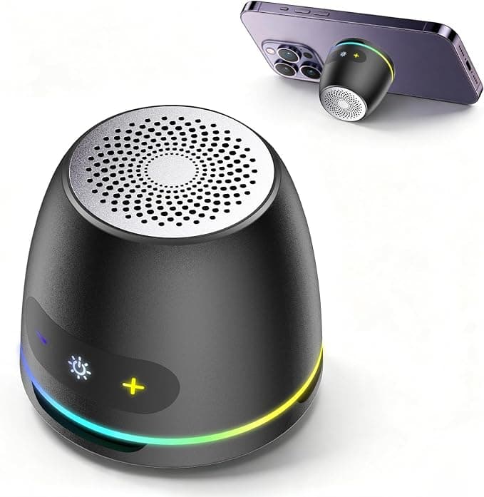 IKT Mini Altavoz Bluetooth magnético, Altavoz Bluetooth Portátil Pequeño con Soporte para Móvil, 10 Horas de Reproducción, Altavoz magnético Interno de 5 W, Estéreo TWS, luz RGB