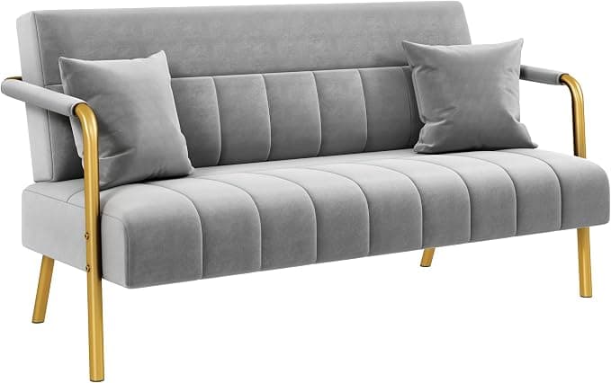 Yaheetech Sofá de Tela de Terciopelo de Dos Plazas con Dos Cojines Gris | Sofa de Dos Plazas, Tela Terciopelo, Capacidad de 272 KG,con Cojines, Sofá con Reposabrazos, para Apartamento Pequeño,Salón