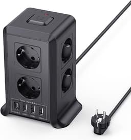 8 Tomas AC Torre Regletas Enchufes con 2 M Alargador Enchufe Multiple 4 USB | Regleta Enchufes con 3 USB A y 1 USB C,Ladron Enchufes Regleta Vertical con Interruptor para Mesa, Oficina y Casa Negro