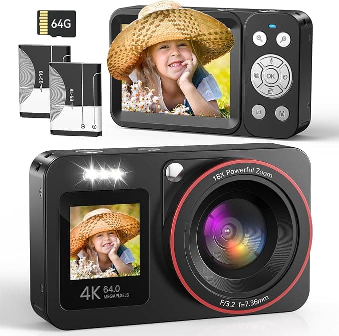 Cámara de Fotos Cámara Digital 4K 64MP, Cámara Digital Zoom 18X, Cámara Compacta con Tarjeta de 64GB y 2 Baterías, Recargable Compacta Portátil Cámara para Niños Principiantes, Negro