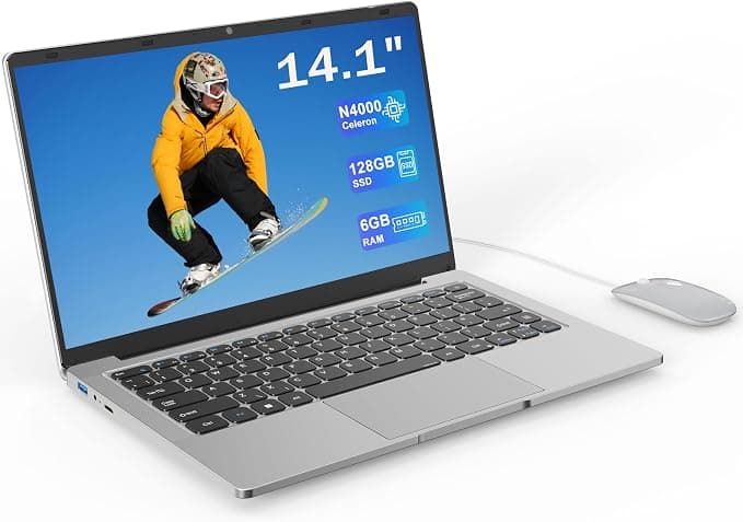 Ordenador portátil 14 pulgadas Dual-Core hasta 2,6 GHz • 6 GB RAM • 128 GB SSD • UHD portatil • WiFi 5G • Mini-HDMI • Teclado membrana • Diseño sin ventilador • Color plateado • Ratón incluido