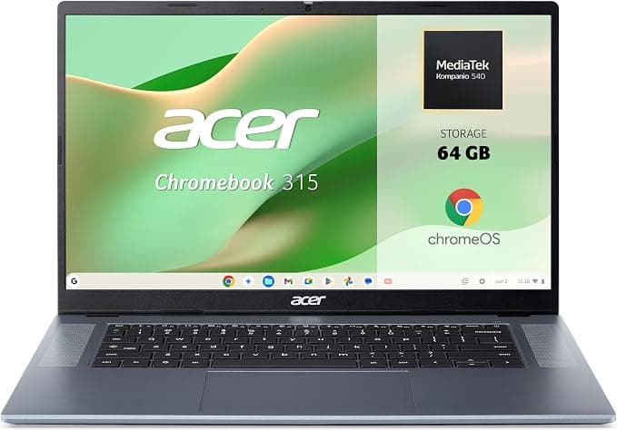 Acer Chromebook 315, Portátil 15.6" FullHD, Kompanio 540, 4GB RAM, 64GB | MediaTek Kompanio 540, ChromeOS, Teclado QWERTY Español, Ligero y Rápido para Estudio y Trabajo