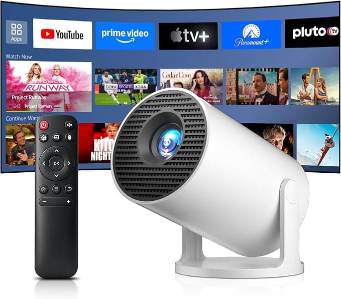 Salange Mini Proyector 4K, Proyector Portátil Inteligente Android 14 WiFi 6 Bluetooth 5.4, Corrección Trapezoidal Automática, 8000L, Rotación 270°, Interior y Exterior, Blanco