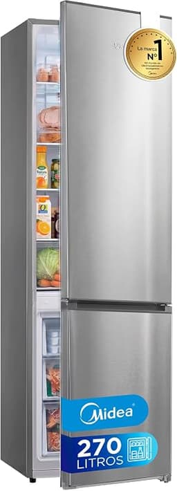 Midea Frigorifico Combi No Frost | 55 cm ancho x 180 cm | Inox | 270L de Capacidad - Nevera Libre Instalación con Congelador Vertical - Refrigerador de Bajo Consumo con Sistema Multi Air Flow