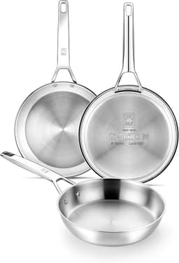 BRA Signature | Set 3 Sartenes 20-24-26 cm, Acero Inoxidable 18/10 | Acero Inox 18/10 Profesional Sin Antiadherente, Triple Fondo Difusor Apto Todo Tipo De Cocinas E Inducción, Acabado Pulido