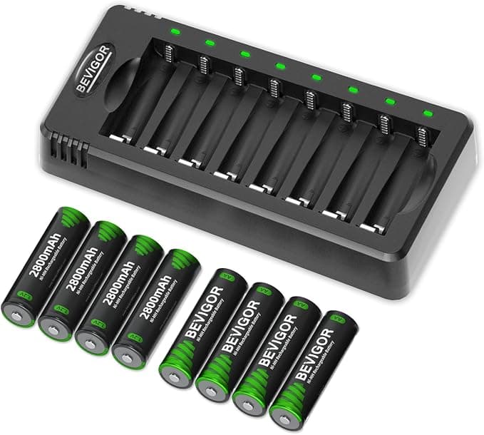 BEVIGOR Pilas Recargables AA Ni-MH, 8 Unidades De Pilas AA con Cargador De 8 Posiciones para Carga Rápida