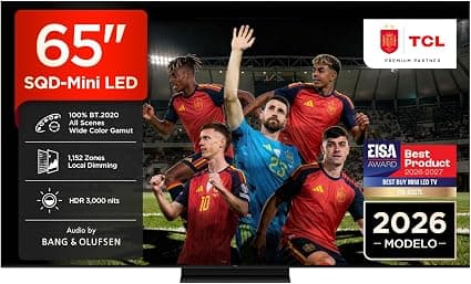TCL 65C7L 65 Pulgadas SQD-Mini LED 4K HDR10+ Smart TV, 3.000 Nits | 1.152 Zonas de Atenuación, Dolby Vision IQ & Atmos, Audio by Bang & Olufsen, Game Master, 144Hz VRR, Apple AirPlay 2