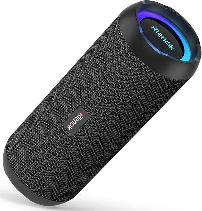 RIENOK Altavoz Bluetooth 30W Portátil Potente Impermeable IPX7 Negro | Sonido Estéreo, 30H de Reproducción, Bass, Luz RGB, Bluetooth 5.3, Apoya Tarjeta TF AUX