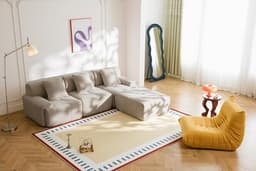 Sofá Modular 3 plazas con Chaise Longue, tapizado en Chenilla, Fundas de Cojines desenfundables (Beige Arena, 3 plazas con Chaise Longue)