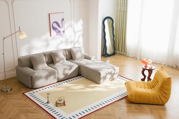 Sofá Modular 3 plazas con Chaise Longue, tapizado en Chenilla, Fundas de Cojines desenfundables (Beige Arena, 3 plazas con Chaise Longue)