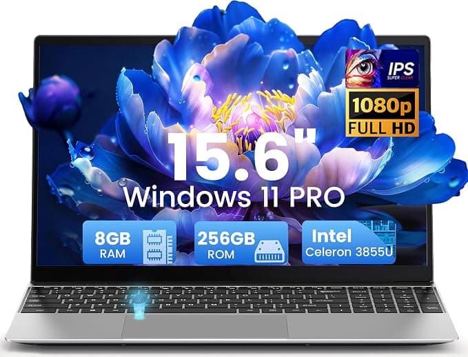 Kayoote 15.6" Portátil Win 11 Pro, 8GB RAM 256GB SSD, Pantalla 1080P FHD, Procesador 3855U, Teclado Retroiluminado, Huella Dactilar, USB3.0, Batería 5000mAh, Computadora para Negocios y Escuela