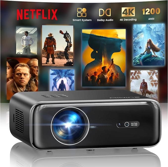 Proyector 4K【1400 ANSI/Netflix Incluido/Dolby】 Smart Proyector 4K Portátil Auto Focus/Keystone WiFi Bluetooth FHD 1080P, HDR10, Proyectors WiFi6 Exterior Zoom 50% para Cine en Casa/PPT Doble HDMI/USB