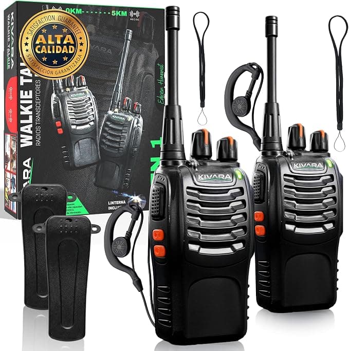 Super Pack De 2 Walkie Talkie Profesional Largo Alcance 5 Km Premium + 2 Pinganillos Walkie Talkie + Enganche para El Cinturon | Walkie Talkies PMR446 |Montaña y Caza|Kit Supervivencia