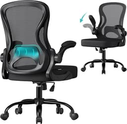 SONGMICS Silla de Oficina Ergonómica, de Malla, con Soporte Lumbar | Silla de Escritorio Giratoria, Reposabrazos Abatibles, Reposabrazos plegables, Negro Tinta, Colección KIME OBN042BH02