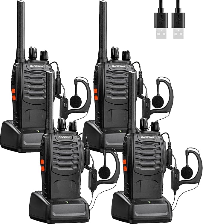 Baofeng Walkie Talkies Profesionales PMR446 Walkie Talkie Set USB Recargable 16 Canales Soporta VOX con Auriculares,Base de Carga,Batería (4 Piezas)