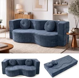 Sofá Sin Huesos, Sofá-Cama Convertible para Sala De Estar, Dos Plazas Comprimido Espuma Alta Densidad, Tela Tejida Desmontable, Ensamblaje, con 2 Almohadas(Azul,150x100CM)