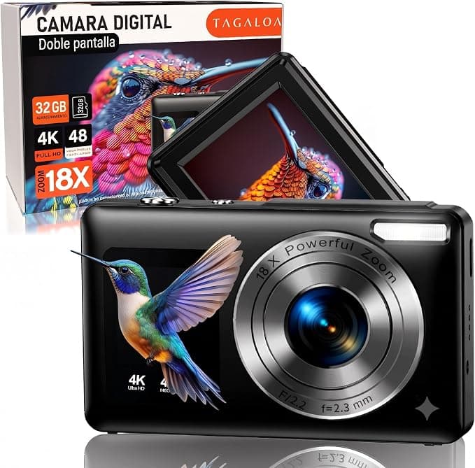 | TAGALOA®| Cámara Digital 48MP con Doble Pantalla, Zoom Digital 18X, Tarjeta SD 32GB Incluida y Bolsa de Transporte – Cámara de Fotos Infantil Retro