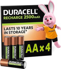 DURACELL AA Pilas Recargables (Paquete de 4) 1.2V, 2500 mAh NiMH | Pilas recargables de alta capacidad precargadas con energía de larga duración, para mandos de videojuegos