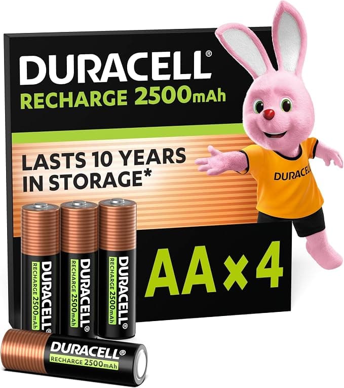 DURACELL AA Pilas Recargables (Paquete de 4) 1.2V, 2500 mAh NiMH | Pilas recargables de alta capacidad precargadas con energía de larga duración, para mandos de videojuegos