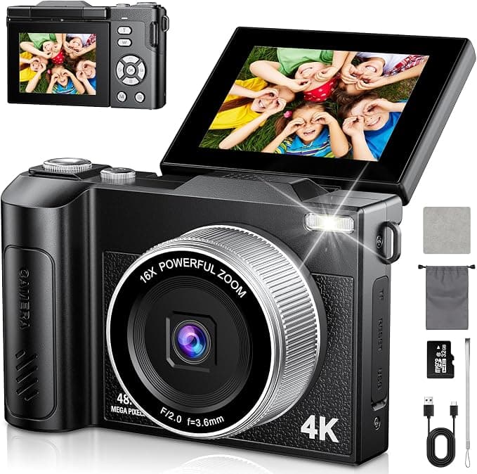 Cámara de Fotos 48MP 4K Cámara Digital Compacta con Zoom 16X 2,8" LCD Compacta Portátil Cámara con Tarjeta 32GB para Niños Principiantes Adulto (Negro)