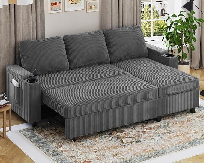Devoko Sofá Cama Chaise Longue, Sofá de Salón Cheslong de 3 Plazas Convertible en Cama, con Almacenamiento Integrado y Portavasos, Sofá Chaise Longue en Forma de L con Tejido Suave Gris Oscuro